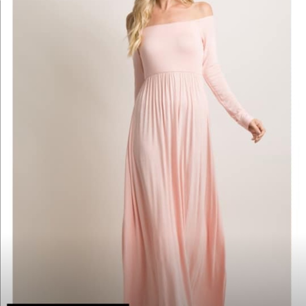 Pink blush pink solid off shoulder maternity photo shoot maxi